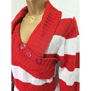 Bongo Shawl Asymmetric Collar Long Sweater Sz Lge Y2K Red White Stripe Metallic